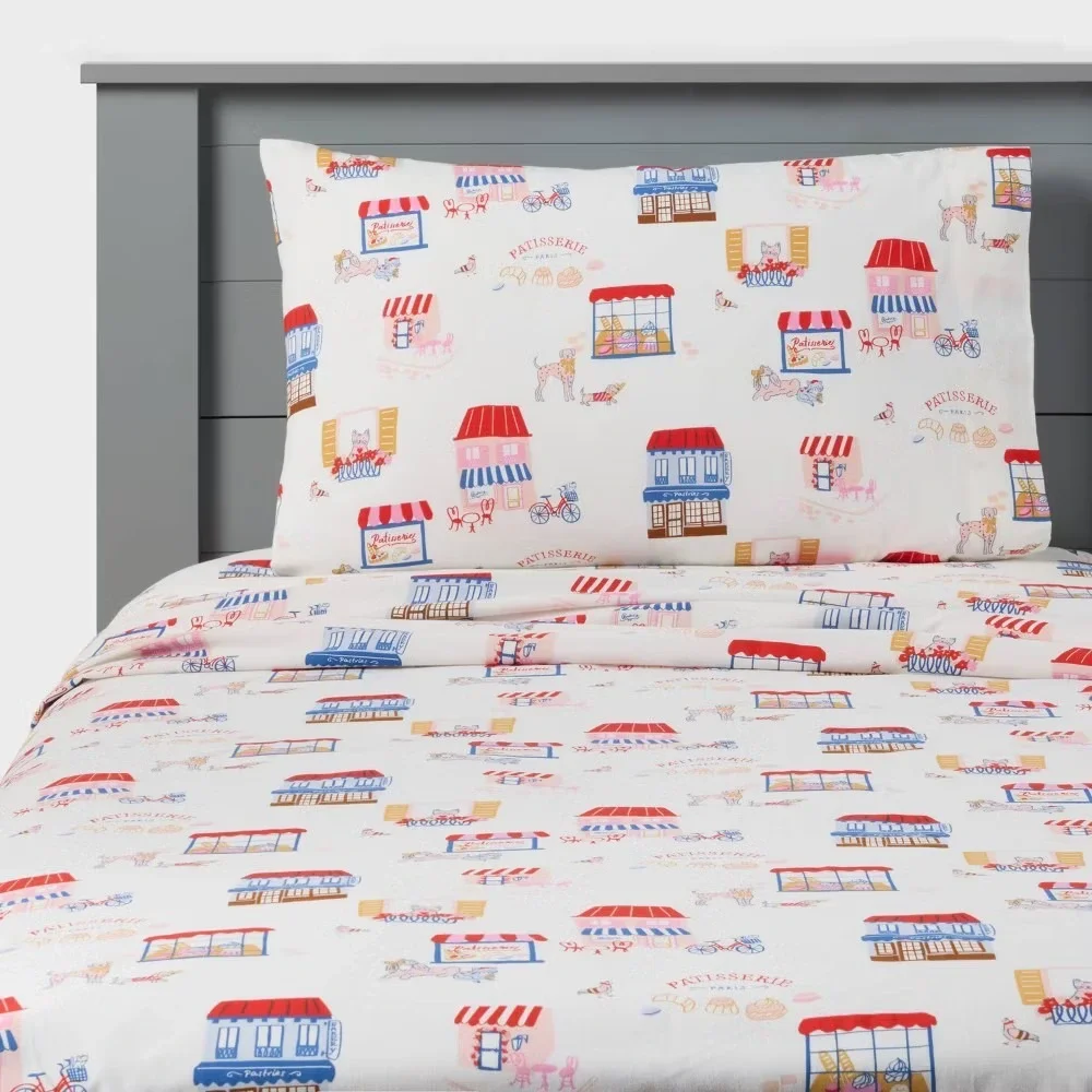 Patisserie Paris Cotton Full Size Sheet Set White Red Blue Bakery Dog Print